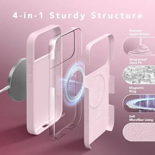 GONEZ Magnetic for iPhone 17 Pro Max Case, [Compatible with MagSafe] Anti-Scratch Microfiber Lining & Screen Protector, Silicone Camera Control, Shockproof Slim Phone Cover 6.9 inch, Pastel Pink - 3