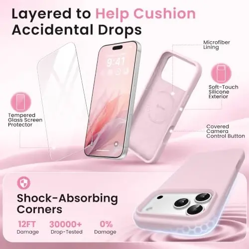 GONEZ Magnetic for iPhone 17 Pro Max Case, [Compatible with MagSafe] Anti-Scratch Microfiber Lining & Screen Protector, Silicone Camera Control, Shockproof Slim Phone Cover 6.9 inch, Pastel Pink - 4