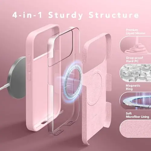 GONEZ Magnetic for iPhone 17 Pro Max Case, [Compatible with MagSafe] Anti-Scratch Microfiber Lining & Screen Protector, Silicone Camera Control, Shockproof Slim Phone Cover 6.9 inch, Peach Pink - 3