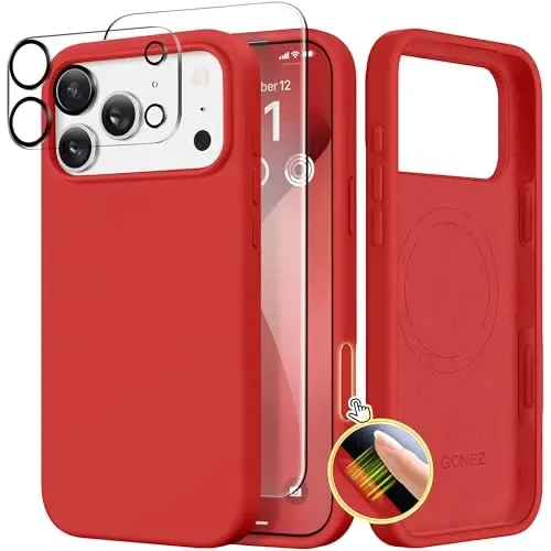 GONEZ Magnetic for iPhone 17 Pro Max Case, Compatible with MagSafe, [Screen Protector + Camera Lens Protector], Liquid Silicone Anti-Scratch Shockproof Protective Phone Case 6.9 inch, Red 
