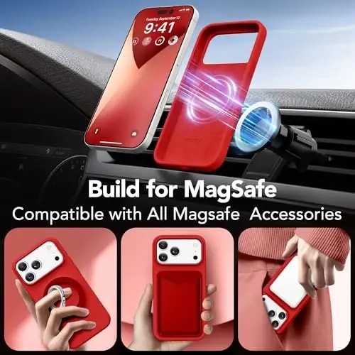 GONEZ Magnetic for iPhone 17 Pro Max Case, Compatible with MagSafe, [Screen Protector + Camera Lens Protector], Liquid Silicone Anti-Scratch Shockproof Protective Phone Case 6.9 inch, Red - 4