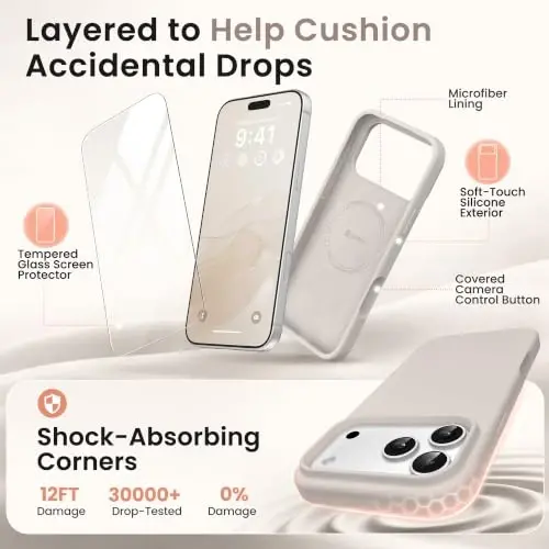 GONEZ Magnetic for iPhone 17 Pro Max Case, [Compatible with MagSafe] Anti-Scratch Microfiber Lining & Screen Protector, Silicone Camera Control, Shockproof Slim Phone Cover 6.9 inch, Stone - 4