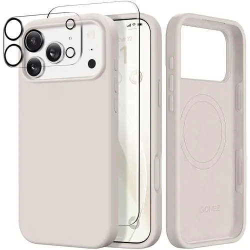GONEZ Magnetic for iPhone 17 Pro Max Case, Compatible with MagSafe, [Screen Protector + Camera Lens Protector], Liquid Silicone Anti-Scratch Shockproof Protective Phone Case 6.9 inch, Stone - 1
