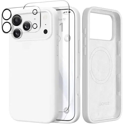 GONEZ Magnetic for iPhone 17 Pro Max Case, Compatible with MagSafe, [Screen Protector + Camera Lens Protector], Liquid Silicone Anti-Scratch Shockproof Protective Phone Case 6.9 inch, White - GONEZ