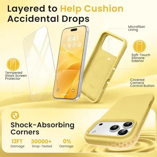 GONEZ Magnetic for iPhone 17 Pro Max Case, [Compatible with MagSafe]Anti-Scratch Microfiber Lining & Screen Protector, Silicone Camera Control, Shockproof Slim Phone Cover 6.9 inch, Buttercream Yellow - 4