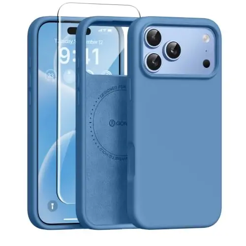 GONEZ Magnetic for iPhone 17 Pro Max Case, Silicone Cover Lake Blue | Compatible with MagSafe, Camera Button & Screen Protector, Microfiber Lining, 3 Layers Soft Gel Rubber Shockproof Slim 6.9