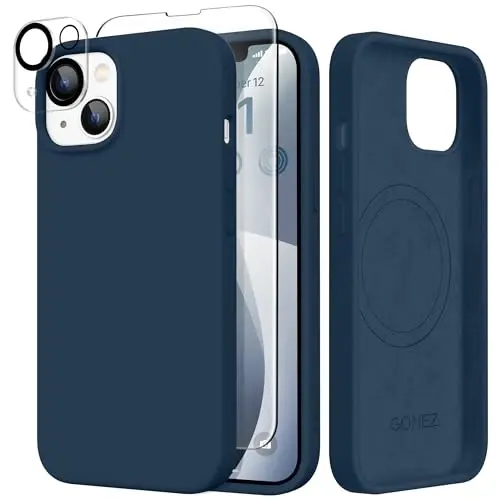 GONEZ Magnetic iPhone 14 uchun g'ilof, Magsafe bilan mos, ekran himoyachisi + kamera himoyachisi, tirnalishga qarshi mikrofiber astar, suyuq silikon zarbaga chidamli himoya g'ilofi, to'q ko'k 