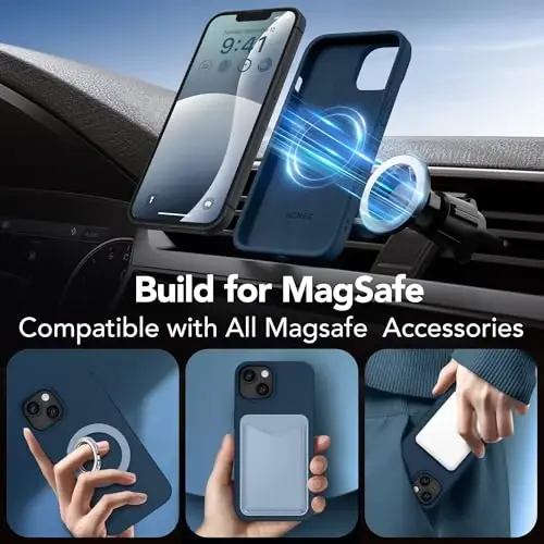 GONEZ Magnetic iPhone 14 uchun g'ilof, Magsafe bilan mos, ekran himoyachisi + kamera himoyachisi, tirnalishga qarshi mikrofiber astar, suyuq silikon zarbaga chidamli himoya g'ilofi, to'q ko'k - 4