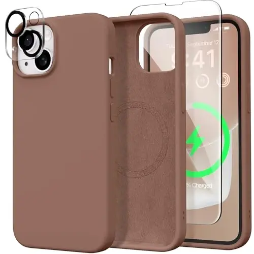 GONEZ Magnetic iPhone 15 uchun g'ilof [Magsafe bilan mos] [1 ekran himoyachisi + 1 kamera himoyachisi], chizilishga qarshi mikrofiber qoplamali zarbaga chidamli silikon telefon qopqog'i 6.1