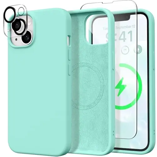GONEZ Magnetic iPhone 15 uchun gʻilof [Magsafe bilan mos] [1 ekran himoyachisi + 1 kamera himoyachisi], tirnalishga qarshi mikrofiber astarli zarbga chidamli silikon telefon qopqogʻi 6,1