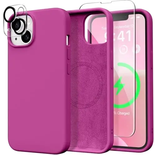 GONEZ Magnetic iPhone 15 uchun gʻilof [Magsafe bilan mos] [1 ekran himoyachisi + 1 kamera himoyachisi], tirnalishga qarshi mikrofiber astarli zarbga chidamli silikon telefon qopqogʻi 6.1