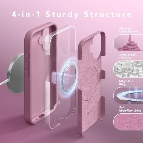 GONEZ Magnetic iPhone 16 uchun g'ilof, MagSafe bilan mos, [Ekran himoyachisi + Kamera linzalari himoyachisi], Silikon zarbga chidamli tirnalishga qarshi himoya telefon g'ilofi 6.1 dyuym, Qora smorodina - 5