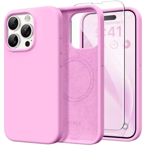 GONEZ Магнитный чехол для iPhone 15 Pro Max, силиконовый, розовый | Совместим с MagSafe, кнопкой камеры и защитным стеклом, подкладка из микрофибры, 3 слоя, ударопрочный, тонкий 6,7 дюйма 