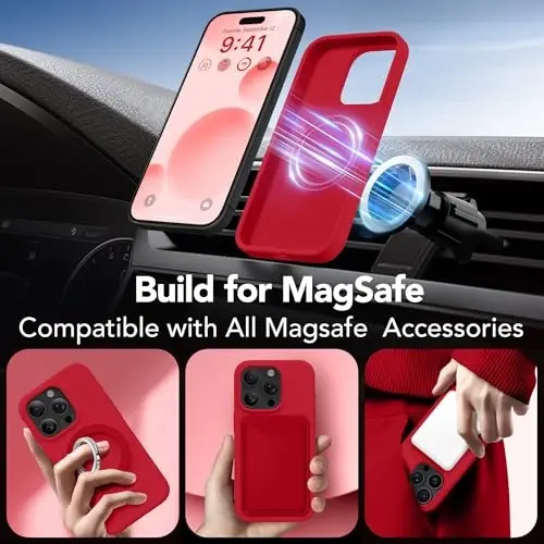 GONEZ Магнитный чехол для iPhone 15 Pro, силиконовый, красный | Совместим с MagSafe, кнопкой камеры и защитным стеклом, подкладка из микрофибры, 3 слоя, мягкий гель, ударопрочный, тонкий 6.1