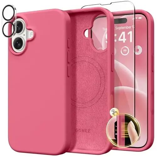 GONEZ Магнитный чехол для iPhone 16, совместим с MagSafe, [Защитное стекло экрана + Защита объектива камеры], Жидкий силиконовый противоударный защитный чехол для iPhone 16 6.1