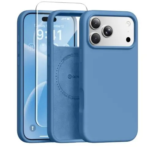 GONEZ Магнитный чехол для iPhone 17 Pro, силиконовый чехол, озёрно-голубой | Совместим с MagSafe, кнопкой камеры и защитным экраном, подкладка из микрофибры, 3 слоя, мягкий гель, ударопрочный, тонкий, 6,3 дюйма 