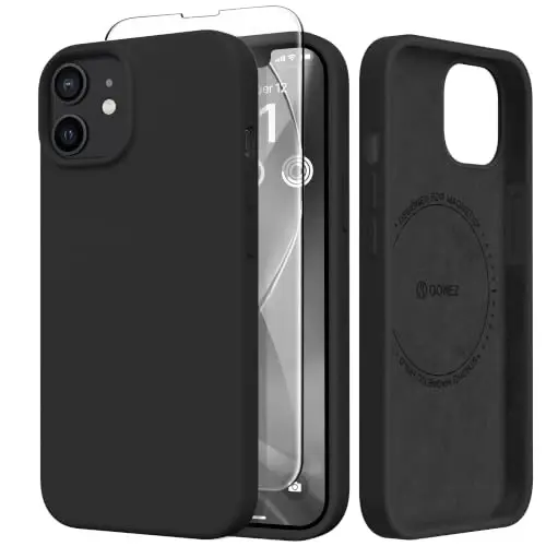 GONEZ Manyetik iPhone 12/12 Pro Kılıfı, Siyah Silikon Kapak | MagSafe, Kamera Düğmesi ve Ekran Koruyucu ile Uyumlu, Mikrofiber Astar, 3 Katmanlı Yumuşak Jel Kauçuk Darbeye Dayanıklı İnce 6,1