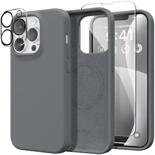 GONEZ Magnetic for iPhone 13 Pro Max Case, Silicone Cover Dark Grey | Compatible with MagSafe, Camera Button & Screen Protector, Microfiber Lining, 3 Layers Soft Gel Rubber Shockproof Slim 6.7