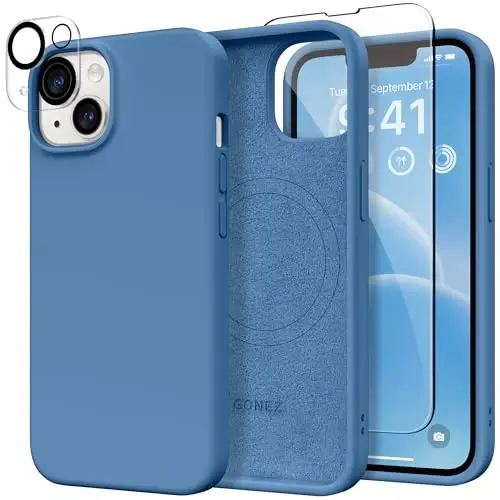 GONEZ Magnetic for iPhone 14 Case, Compatible with Magsafe, with Screen Protector + Camera Protector, Anti-Scratch Microfiber Lining, Liquid Silicone Shockproof Protective Phone Case, Lake Blue - 1
