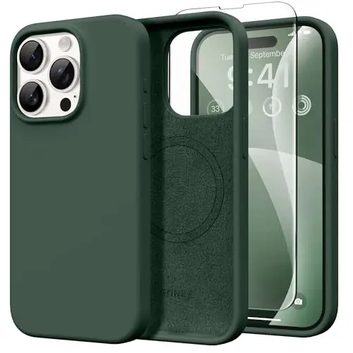 GONEZ Magnetic for iPhone 15 Pro Case, Silicone Cover Dark Green | Compatible with MagSafe, Camera Button & Screen Protector, Microfiber Lining, 3 Layers Soft Gel Rubber Shockproof Slim 6.1