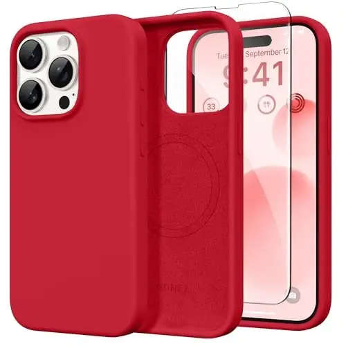 GONEZ Magnetic for iPhone 15 Pro Case, Silicone Cover Red | Compatible with MagSafe, Camera Button & Screen Protector, Microfiber Lining, 3 Layers Soft Gel Rubber Shockproof Slim 6.1