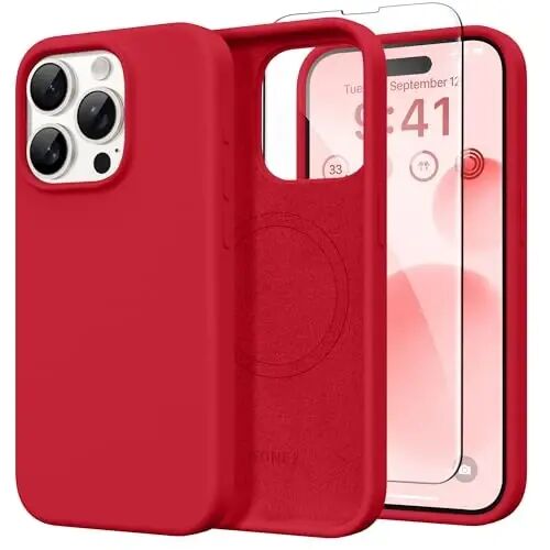 GONEZ Magnetic for iPhone 15 Pro Case, Silicone Cover Red | Compatible with MagSafe, Camera Button & Screen Protector, Microfiber Lining, 3 Layers Soft Gel Rubber Shockproof Slim 6.1