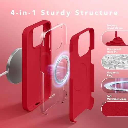 GONEZ Magnetic for iPhone 15 Pro Case, Silicone Cover Red | Compatible with MagSafe, Camera Button & Screen Protector, Microfiber Lining, 3 Layers Soft Gel Rubber Shockproof Slim 6.1