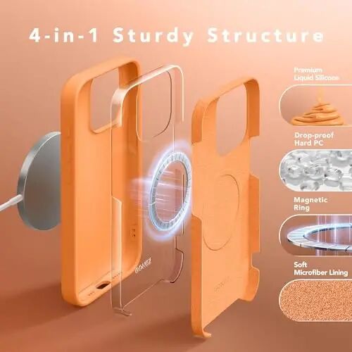 GONEZ Magnetic for iPhone 15 Pro Case, Silicone Cover Orange | Compatible with MagSafe, Camera Button & Screen Protector, Microfiber Lining, 3 Layers Soft Gel Rubber Shockproof Slim 6.1