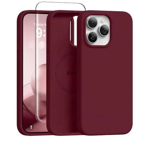 GONEZ Magnetic for iPhone 15 Pro Max Case, Silicone Cover Maroon | Compatible with MagSafe, Camera Button & Screen Protector, Microfiber Lining, 3 Layers Soft Gel Rubber Shockproof Slim 6.7