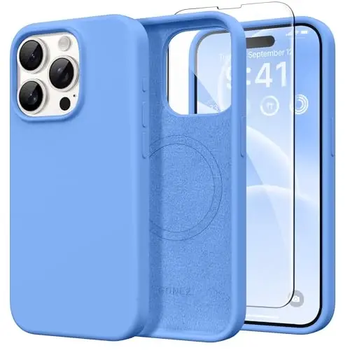 GONEZ Magnetic for iPhone 15 Pro Max Case, Silicone Cover Sky Blue | Compatible with MagSafe, Camera Button & Screen Protector, Microfiber Lining, 3 Layers Soft Gel Rubber Shockproof Slim 6.7