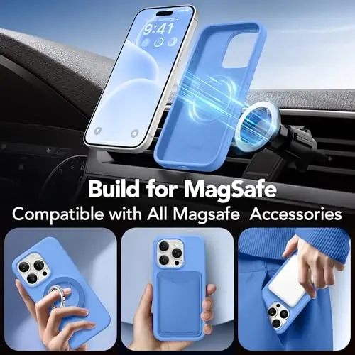 GONEZ Magnetic for iPhone 15 Pro Max Case, Silicone Cover Sky Blue | Compatible with MagSafe, Camera Button & Screen Protector, Microfiber Lining, 3 Layers Soft Gel Rubber Shockproof Slim 6.7