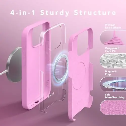 GONEZ Magnetic for iPhone 15 Pro Max Case, Silicone Cover Rose Pink | Compatible with MagSafe, Camera Button & Screen Protector, Microfiber Lining, 3 Layers Soft Gel Rubber Shockproof Slim 6.7