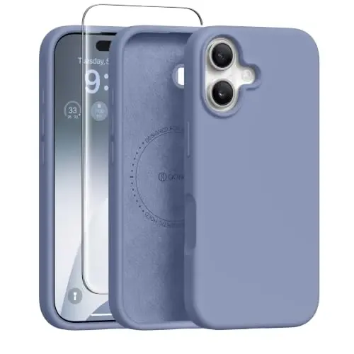 GONEZ Magnetic for iPhone 16 Case, Silicone Cover Lavender Gray | Compatible with MagSafe, Camera Button & Screen Protector, Microfiber Lining, 3 Layers Soft Gel Rubber Shockproof Slim 6.1