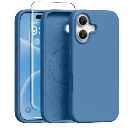 GONEZ Magnetic for iPhone 16 Case, [Compatible with MagSafe] Anti-Scratch Microfiber Lining & Screen Protector, Silicone Camera Control, Shockproof Slim Phone Cover 6.1 inch, Lake Blue 