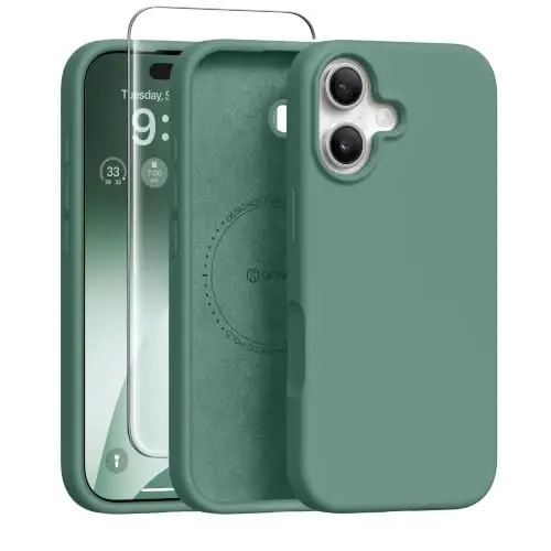 GONEZ Magnetic for iPhone 16 Case, Silicone Cover Midnight Green | Compatible with MagSafe, Camera Button & Screen Protector, Microfiber Lining, 3 Layers Soft Gel Rubber Shockproof Slim 6.1
