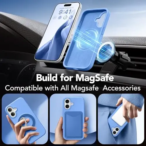 GONEZ Magnetic for iPhone 16 Case, Silicone Cover Sky Blue | Compatible with MagSafe, Camera Button & Screen Protector, Microfiber Lining, 3 Layers Soft Gel Rubber Shockproof Slim 6.1