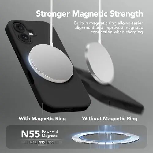 GONEZ Magnetic for iPhone 16 Case, Silicone Cover Black | Compatible with MagSafe, Camera Button & Screen Protector, Microfiber Lining, 3 Layers Soft Gel Rubber Shockproof Slim 6.1