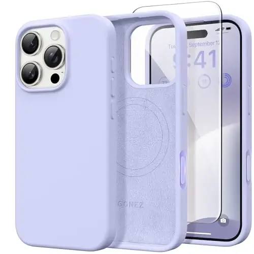 GONEZ Magnetic for iPhone 16 Pro Case, Compatible with MagSafe, [Screen Protector + Camera Lens Protector], Silicone Shockproof Anti-Scratch Protective Phone Case 6.3 inch, Lilac - 1