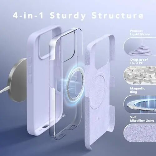 GONEZ Magnetic for iPhone 16 Pro Case, Silicone Cover Lilac | Compatible with MagSafe, Camera Button & Screen Protector, Microfiber Lining, 3 Layers Soft Gel Rubber Shockproof Slim 6.3