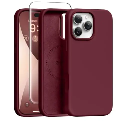GONEZ Manyetik iPhone 16 Pro Kılıfı, MagSafe ile Uyumlu, [Ekran Koruyucu + Kamera Lensi Koruyucu], Silikon Darbeye Dayanıklı Çizilmez Koruyucu Telefon Kılıfı 6.3 inç, Bordo 