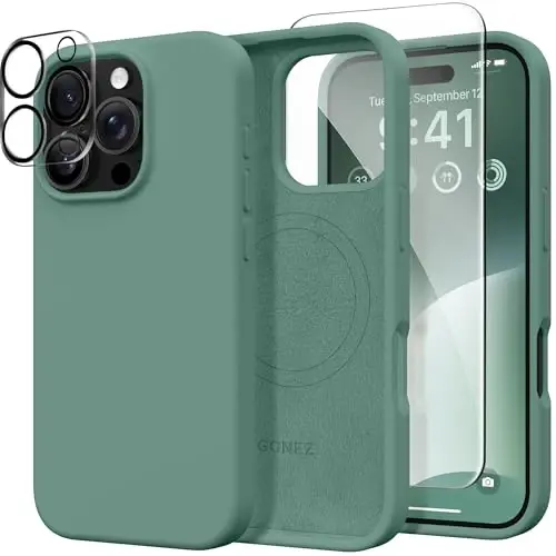 GONEZ Magnetic for iPhone 16 Pro Case, Compatible with MagSafe, [Screen Protector + Camera Lens Protector], Silicone Shockproof Anti-Scratch Protective Phone Case 6.3 inch, Midnight Green 