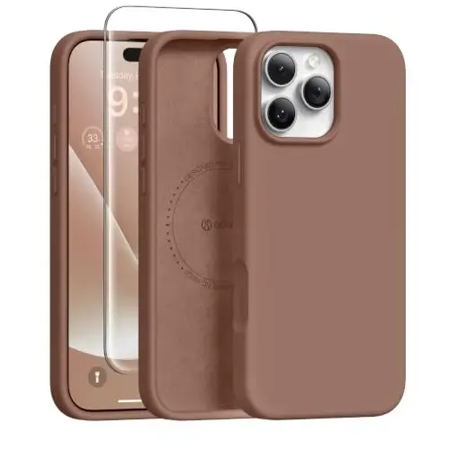 GONEZ Magnetic for iPhone 16 Pro Case, Compatible with MagSafe, [Screen Protector + Camera Lens Protector], Silicone Shockproof Anti-Scratch Protective Phone Case 6.3 inch, Brown 