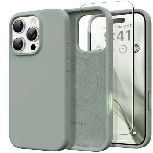 GONEZ Magnetic for iPhone 16 Pro Case, Compatible with MagSafe, [Screen Protector + Camera Lens Protector], Silicone Shockproof Anti-Scratch Protective Phone Case 6.3 inch, Calke Green 