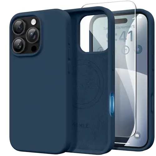 GONEZ Magnetic for iPhone 16 Pro Case, Compatible with MagSafe, [Screen Protector + Camera Lens Protector], Silicone Shockproof Anti-Scratch Protective Phone Case 6.3 inch, Dark Blue 