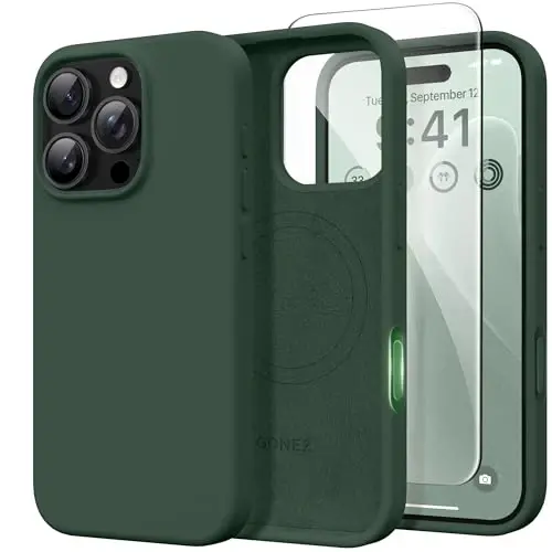 GONEZ Magnetic for iPhone 16 Pro Case, Compatible with MagSafe, [Screen Protector + Camera Lens Protector], Silicone Shockproof Anti-Scratch Protective Phone Case 6.3 inch, Army Green 