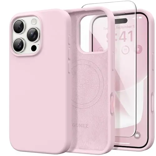 GONEZ Magnetic for iPhone 16 Pro Case, Compatible with MagSafe, [Screen Protector + Camera Lens Protector], Silicone Shockproof Anti-Scratch Protective Phone Case 6.3 inch, Pastel Pink - GONEZ