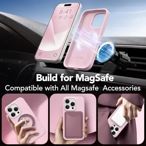 GONEZ Magnetic for iPhone 16 Pro Case, Compatible with MagSafe, [Screen Protector + Camera Lens Protector], Silicone Shockproof Anti-Scratch Protective Phone Case 6.3 inch, Pastel Pink - 4