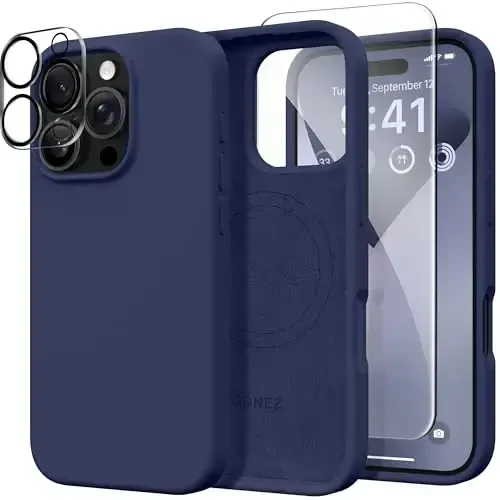 GONEZ Magnetic for iPhone 16 Pro Case, Compatible with MagSafe, [Screen Protector + Camera Lens Protector], Silicone Shockproof Anti-Scratch Protective Phone Case 6.3 inch, Midnight Blue - 1