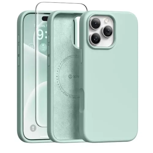 GONEZ Magnetic for iPhone 16 Pro Case, Silicone Cover Mint Green | Compatible with MagSafe, Camera Button & Screen Protector, Microfiber Lining, 3 Layers Soft Gel Rubber Shockproof Slim 6.3