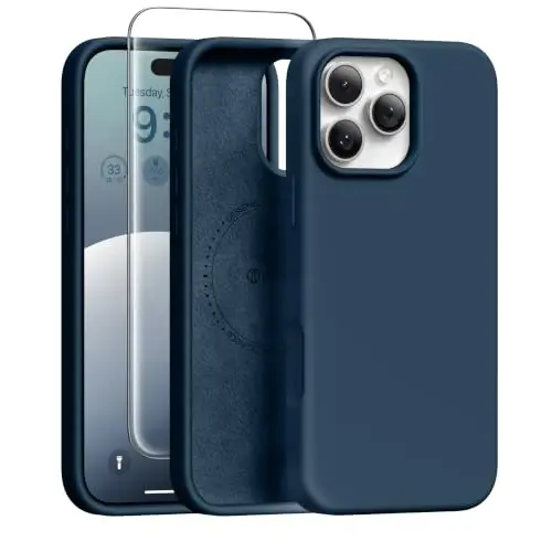 GONEZ Magnetic for iPhone 16 Pro Max Case, Silicone Cover Dark Blue | Compatible with MagSafe, Camera Button & Screen Protector, Microfiber Lining, 3 Layers Soft Gel Rubber Shockproof Slim 6.9
